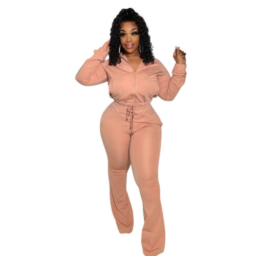Fashion Women's Zipper Long Sleeves Solid Casual Long Wide Legs Pants Set 2pcs - Picture 9 of 14