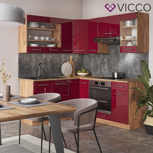 Eckküche Küchenzeile Einbauküche Fame-Line Eiche Bordeaux Rot 190cm modern Vicco - Bild 4 von 7