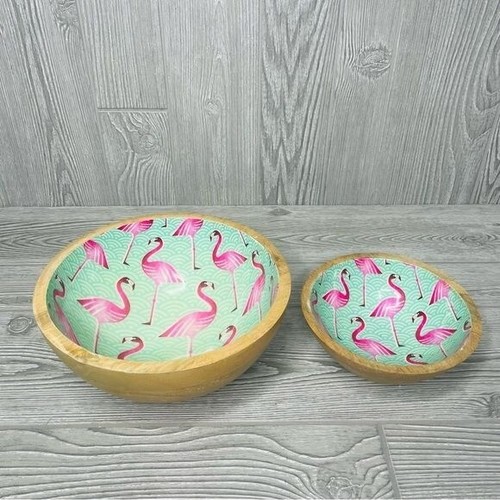 2 decorative wooden bowls with flamingo inside detail ( 🚫food ) tropical decor - Picture 2 of 8