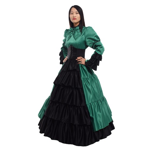 Women Dress Ball Gown Civil War Costume Party Long Sleeve Bowknow With Bustle - Picture 12 of 40