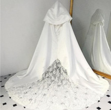 Luxurious Wedding Hooded Lace Long Cloak Satin Bridal Shawl Coat Wedding Cape