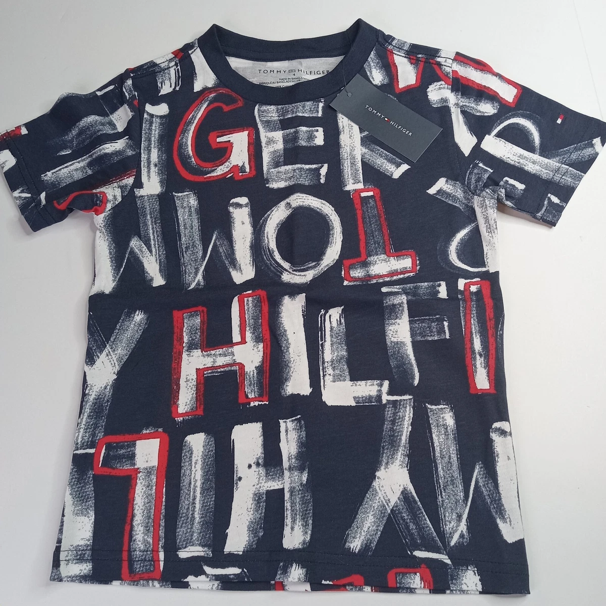 blandt support pendul Tommy Hilfiger T-Shirt Boys Youth 4 Short Sleeve All Over Print Blue White  Red | eBay