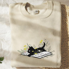 Embroidered Cat Sweatshirt, Cute Lying On The Book Cat Embroidered Sweatshirt