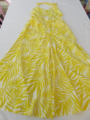 BOOHOO YELLOW WHITE TROPICAL PALM LEAFY WIDE LEG TROUSER HALTER NECK DRESS UK 10 - Picture 2 of 15