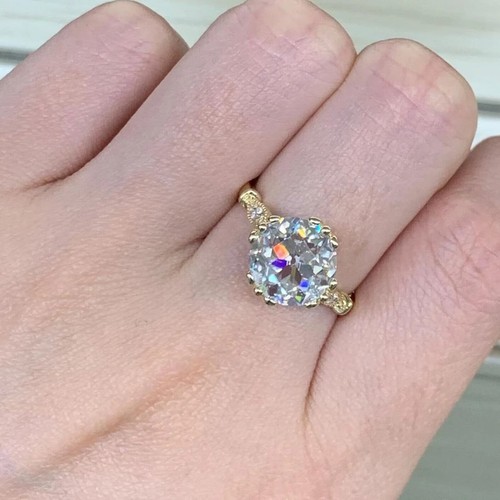 Art Deco 2 CT Old Mine Round Cut Moissanite Engagement 14K Gold Wedding Ring - Picture 4 of 5