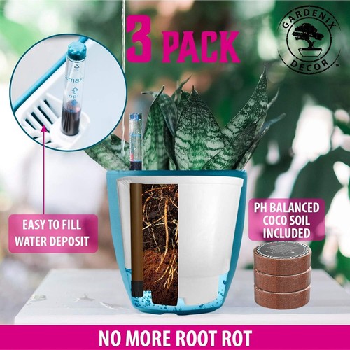 GARDENIX DECOR Self Watering Pots for Indoor Plants 3 Pack - Flower Pot Teal - Picture 4 of 8