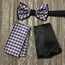 Plaids Checkers Pre-tied Bow tie  Two Hankies Two Layers 3pc set Purple Black