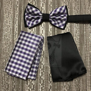 Men/'s Pre-tied Bow Tie /& hankie set plaids /& checkers navy blue lavender