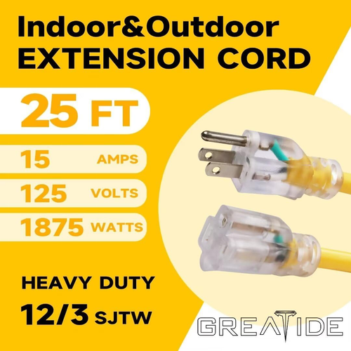 25 Ft Heavy Duty Lighted Outdoor Extension Cord - 12/3 SJTW Cable - Picture 2 of 12