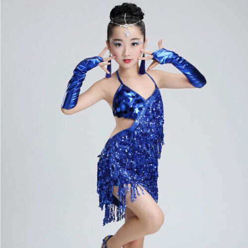 Girls Latin Dance Dress Dancewear with Gloves Shiny Sequin Tassels Dance Costume - Picture 15 of 15