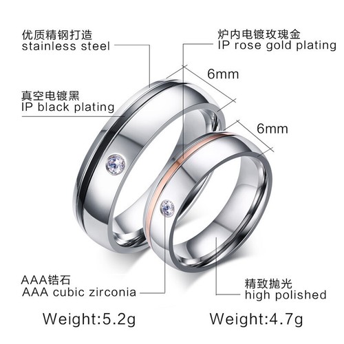 Anillo de pareja con incrustaciones de circón personalizado de acero inoxidable rosa/negro regalo de San Valentín - Imagen 11 de 12