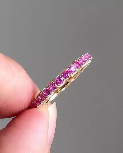 2 Ct Round Lab Created Pink Sapphire Eternity Band Ring 14K Yellow Gold Plated - Picture 2 of 4