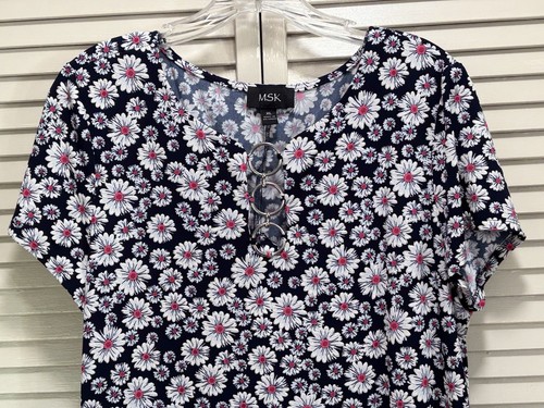MSK Floral Black/Pink/White Metal Detail Midi Dress Size XL Short Sleeve Boho - Picture 2 of 7