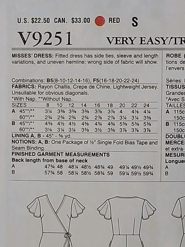 Vogue Pattern V9251 Misses Fitted Dress W Side Ties, Length Variations Sz 16-24 - Picture 4 of 7