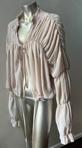Blusa de Gasa Ruche Romántica Desnudo en Niveles Fiesta Sexy Elegante Transparente Top L - Imagen 3 de 5