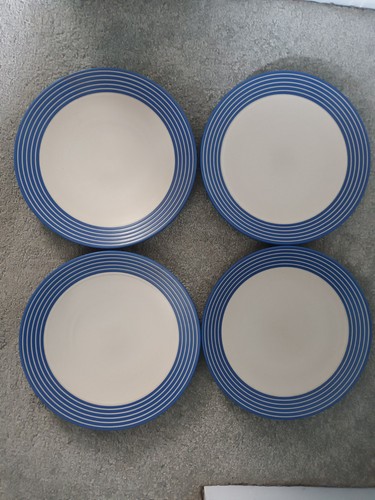 4er Set Denby 1809 weiß mit blauen Ringen Keramik Speiseteller 10,5