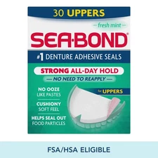 Sea Bond Upper Denture Adhesive Seals, 30 Ct Fresh Mint Long-Lasting Hold