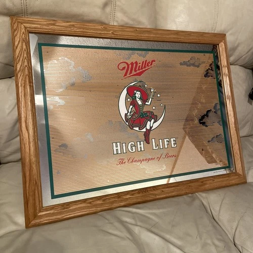 Vintage Miller High Life Beer Lady On Moon Large Rare Mirror Sign 2002 28”x21”