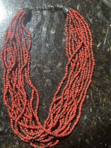 Multi-Strand Glass Seed Bead Orange / Brown Statement 24” Necklace - Silver Tone - Picture 4 of 7