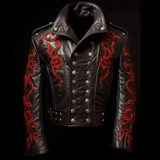 Steampunk Gothic Black Military Dragon Leather Jacket Red Embroidery Punk Rock