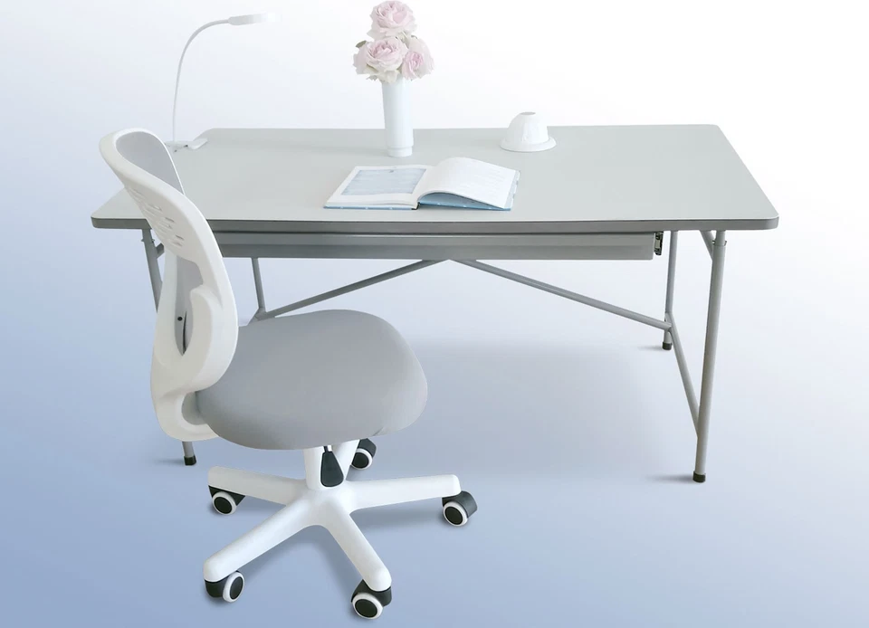 Kinderschreibtisch KINTO Premium, höhenverstellbar, Eiermann-Gestell + Linoleum