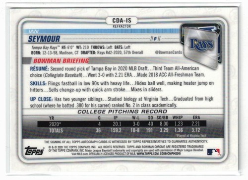 2020 1st Bowman Draft Chrome REFRACTOR RC AUTO Ian Seymour! Rays! Autograph /499 - Picture 2 of 2