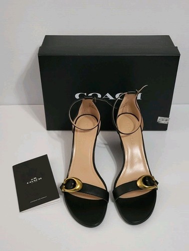 Coach Shoes Black Leather Odetta Wedge Strappy Sandal Gold C Accent Size 9.5B