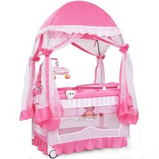 Baby Playard Crib Bed 4 in 1 Portable with Changing Table Canopy Music Box Pink
