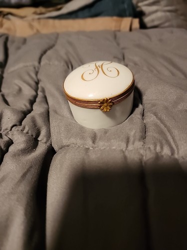 Vtg Cursive Letter “H” Mini Jewelry Box w Lid Limoges France Porcelain