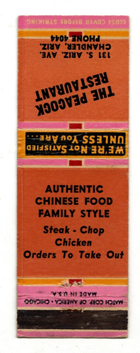 THE PEACOCK RESTAURANT Streichholzschachtel Streichholzhülle - CHANDLER, ARIZONA - Bild 2 von 2