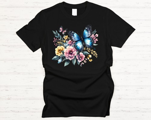 Vibrant Butterfly & Flowers Graphic Tee - Ladies Casual Black T Shirt - Picture 5 of 6