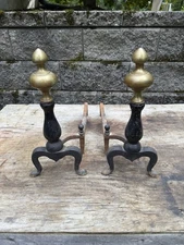 Antique 16 1/2” Rostand N Brass & Iron Andirons W/Acorn Finial