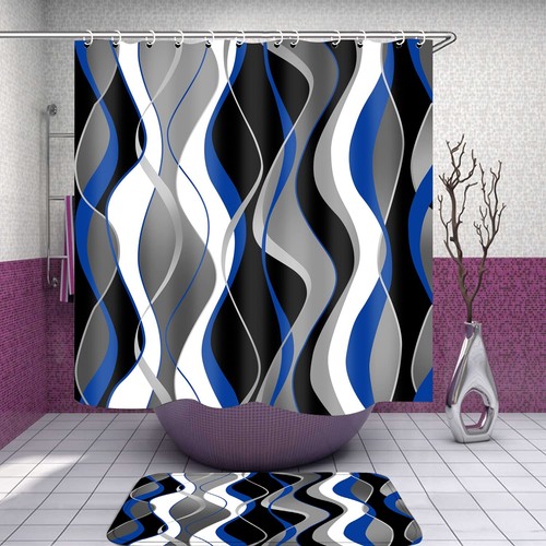 Nkzply 4 Pcs Blue and Black Striped Shower Curtain Set Grey and White Bathroom S - Picture 4 of 7
