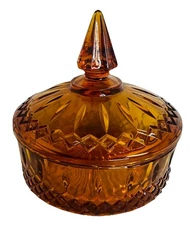 Vintage '70's Indiana Glass Diamond Princess Point Amber Covered Candy Dish