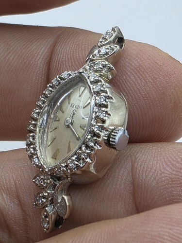 Vintage Elgin 24 Diamond 14k Watch Almond Shaped Face, Runs! - Picture 3 of 6