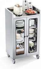 New Stainless Steel Work Table with Glass Door Cabinet and Wheels for Commercial