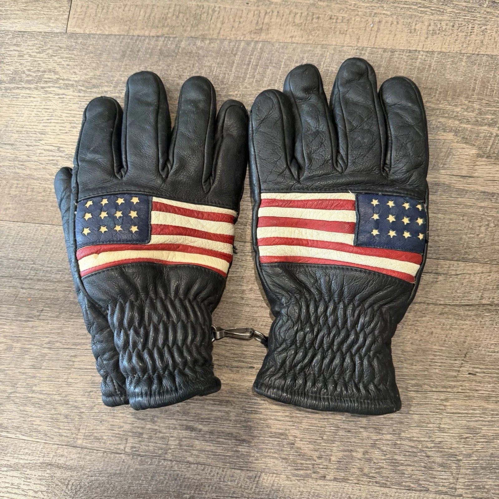 Vintage Gloves USA Flag Men’s Leather Riding Gloves Biker 70s 80s Fleece Lined