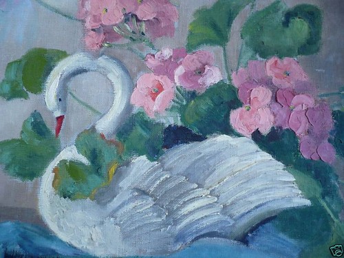 HELEN CHANDLER, LISTED CALIFORNIA IMPRESSIONIST SWAN FLORAL OLD OIL CALIF CA ART - Picture 2 of 6