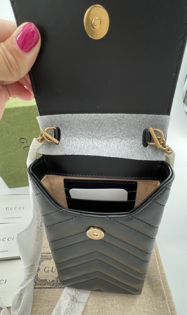 NEW GUCCI GG Marmont black chevron leather phone pouch chain