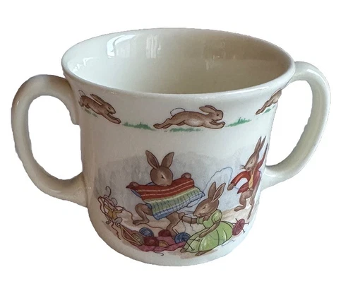 Bunnykins Rabbits Unraveling Knitting Mug Royal Doulton Double Handle Cup Mug
