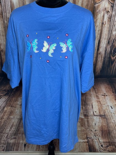 Vtg pleasant shade Plus size metallic butterfly t-shirt tee embroidered 2X Blue