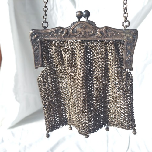 Silver Chain Mesh Victorian Purse Floral Etched Frame Antique Germany - Picture 2 of 14