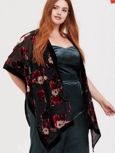 Torrid Floral Burnt Out Velvet Kimono Cardigan Jacket Size 00/0 - Picture 4 of 14