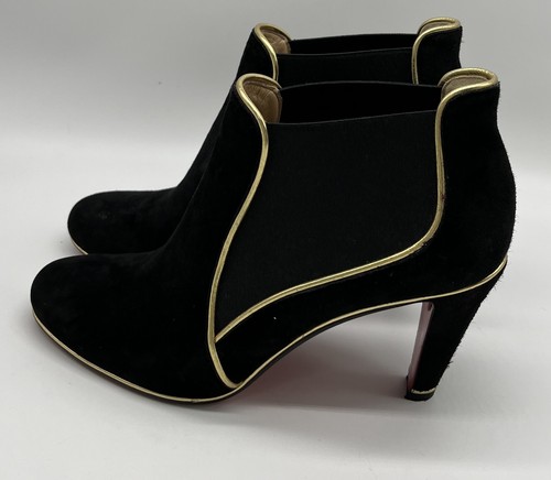 Christian Louboutin 'Loulou' 85 Black Suede Bootie w/ Gold Trim sz 39.5 - Picture 2 of 8