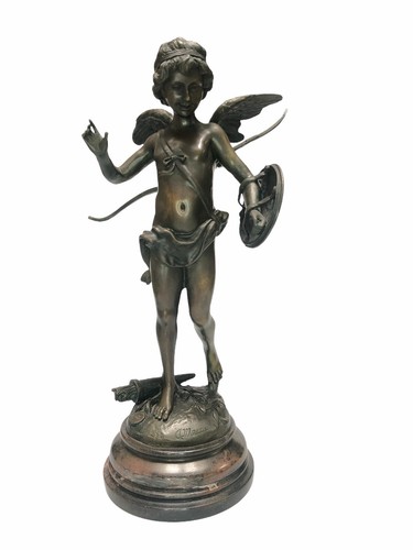 Bronze Statue Louis Auguste Moreau Alerte Cupid With Bow & Shield Marble Base - Picture 1 of 12
