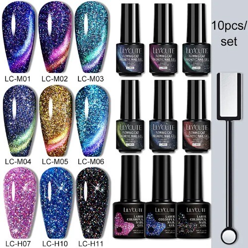 10PCS/SET Gel Nail Polish 9D Glitter Cat Magnetic Gel Set With Magnetic Stick - Picture 14 of 116