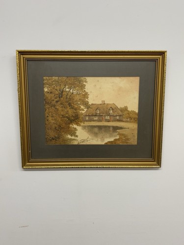 Vintage Framed Watercolour – Thatched Cottage by a Lake, Countryside Scene - Foto 1 di 15