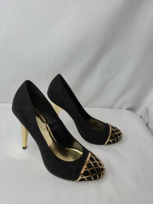 Shoedazzle Hanne Black Suede Shoes w/ Gold Cap & Heel Size 6.5 