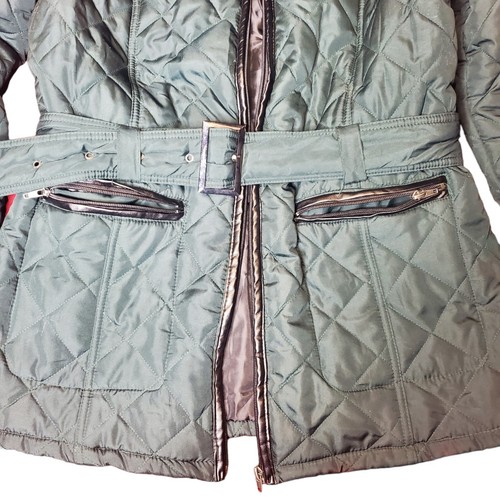 KC Collections Quilted Puffer Jacket Emrald Green Womens XL Belted Pleather Trim - Picture 15 of 20