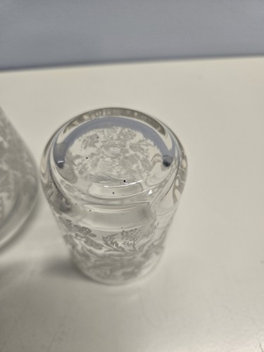 Vintage Clear Etched Glass Bedside Carafe and Matching Glass Cup Floral 7.5" Tal - Picture 6 of 9